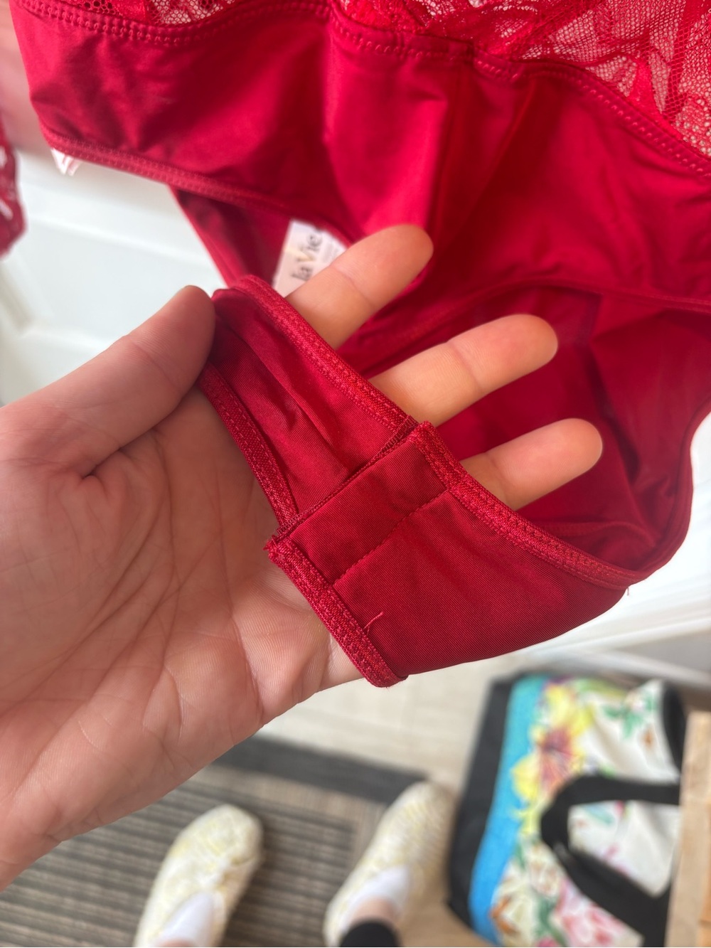 La Vie En Rose Red Lace Sheer Long-Sleeve Bodysuit - Picture 9 of 12